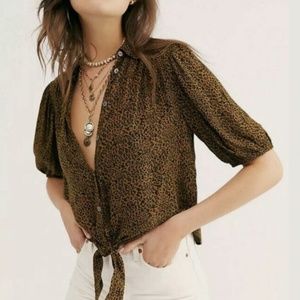 Free People Celia Leopard Animal Print Button Down Tie Front Top. M